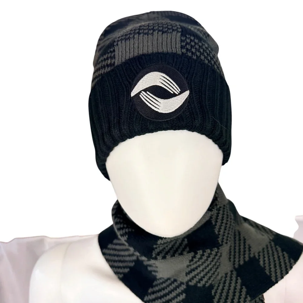 Buffalo Plaid Beanie Scarf Set Grunge Streetwear Cozy Winter Unisex Gray Black